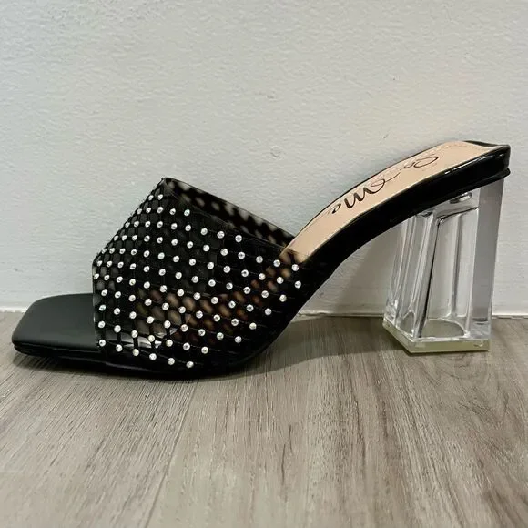 So me rhinestone black netted mule heels with clear chunky block heel sz 7 NWT - Picture 4 of 9